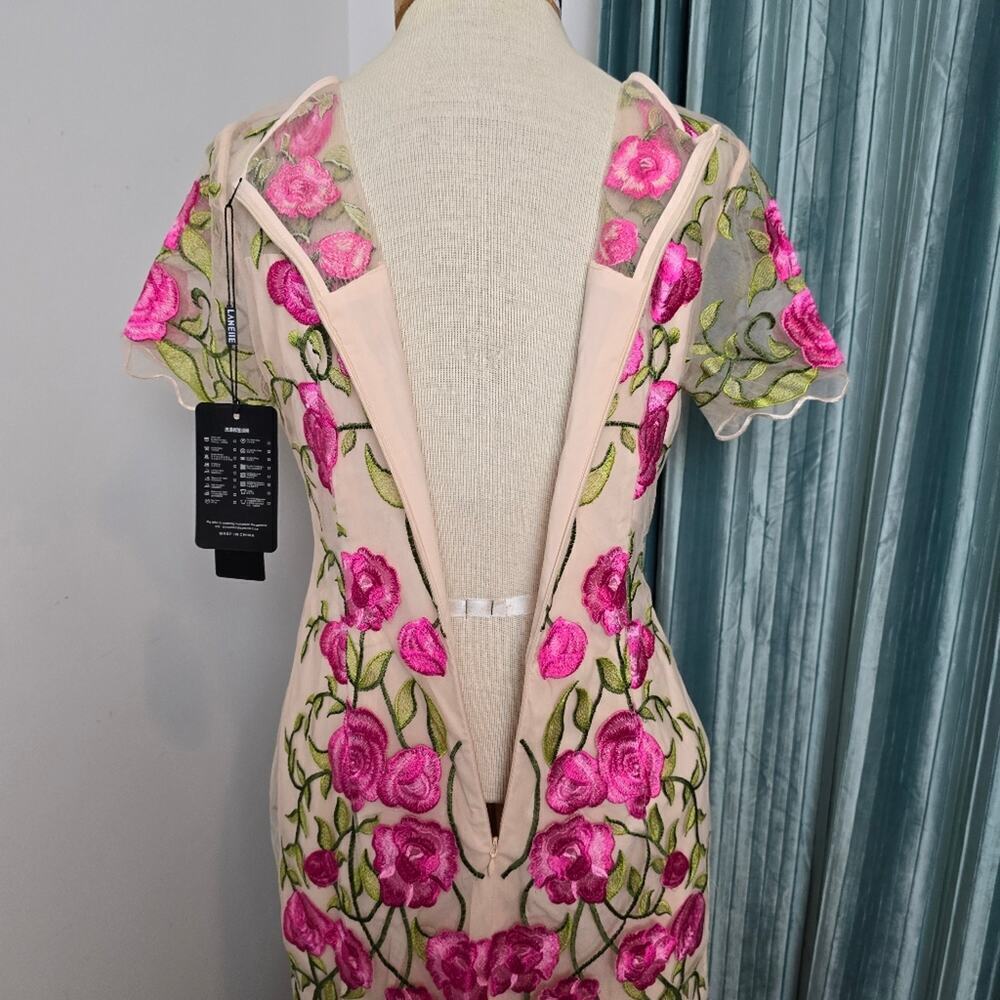 Laneiie Apricot Floral Short Sleeve Pleat Bottom Crew Midi Dress Sz Small - Picture 4 of 5